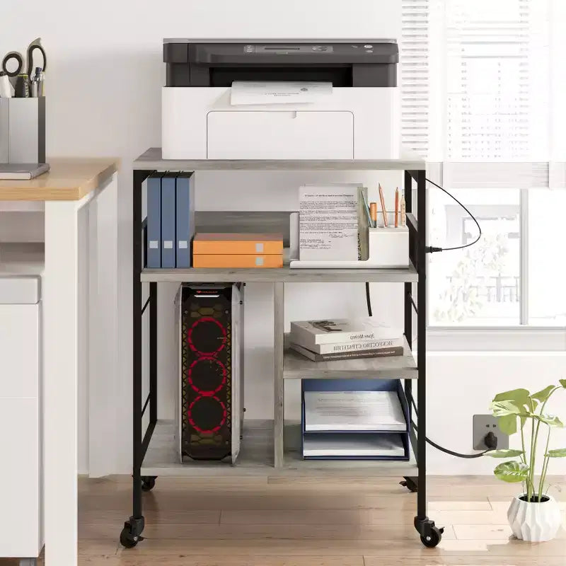 3-Tier Rolling Printer Stand with Storage & Charging Station, Mobile Printer Cart with 4 Outlets & 2 USB Ports, Multi-Level Organizer for Home Office