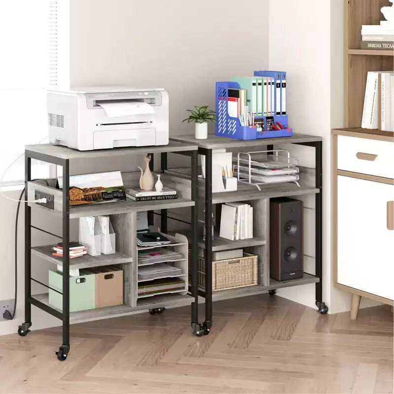 3-Tier Rolling Printer Stand with Storage & Charging Station, Mobile Printer Cart with 4 Outlets & 2 USB Ports, Multi-Level Organizer for Home Office