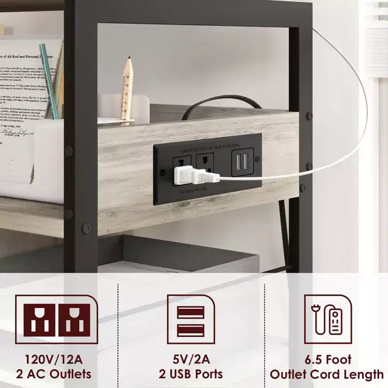 3-Tier Rolling Printer Stand with Storage & Charging Station, Mobile Printer Cart with 4 Outlets & 2 USB Ports, Multi-Level Organizer for Home Office