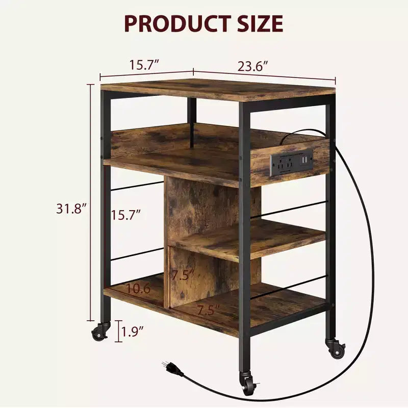 3-Tier Rolling Printer Stand with Storage & Charging Station, Mobile Printer Cart with 4 Outlets & 2 USB Ports, Multi-Level Organizer for Home Office