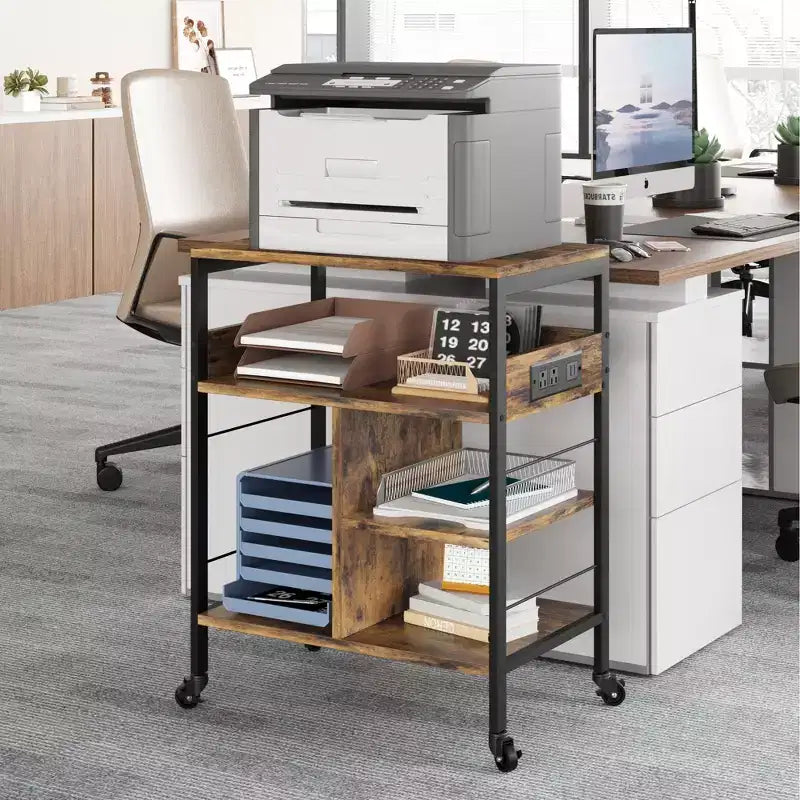 3-Tier Rolling Printer Stand with Storage & Charging Station, Mobile Printer Cart with 4 Outlets & 2 USB Ports, Multi-Level Organizer for Home Office