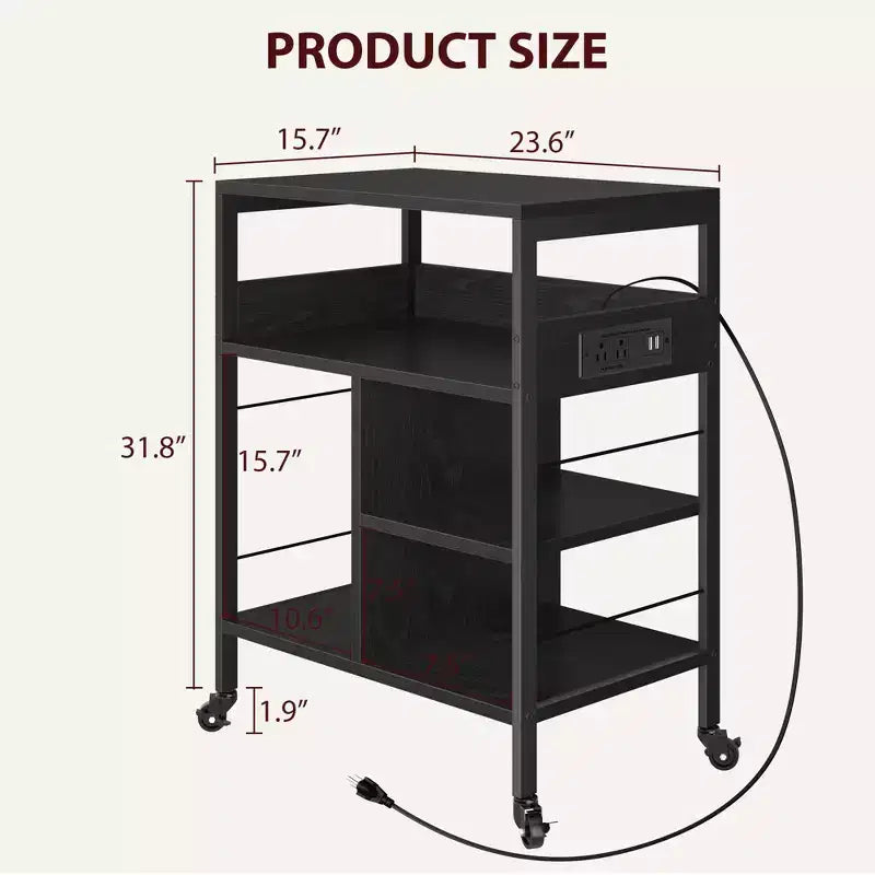3-Tier Rolling Printer Stand with Storage & Charging Station, Mobile Printer Cart with 4 Outlets & 2 USB Ports, Multi-Level Organizer for Home Office
