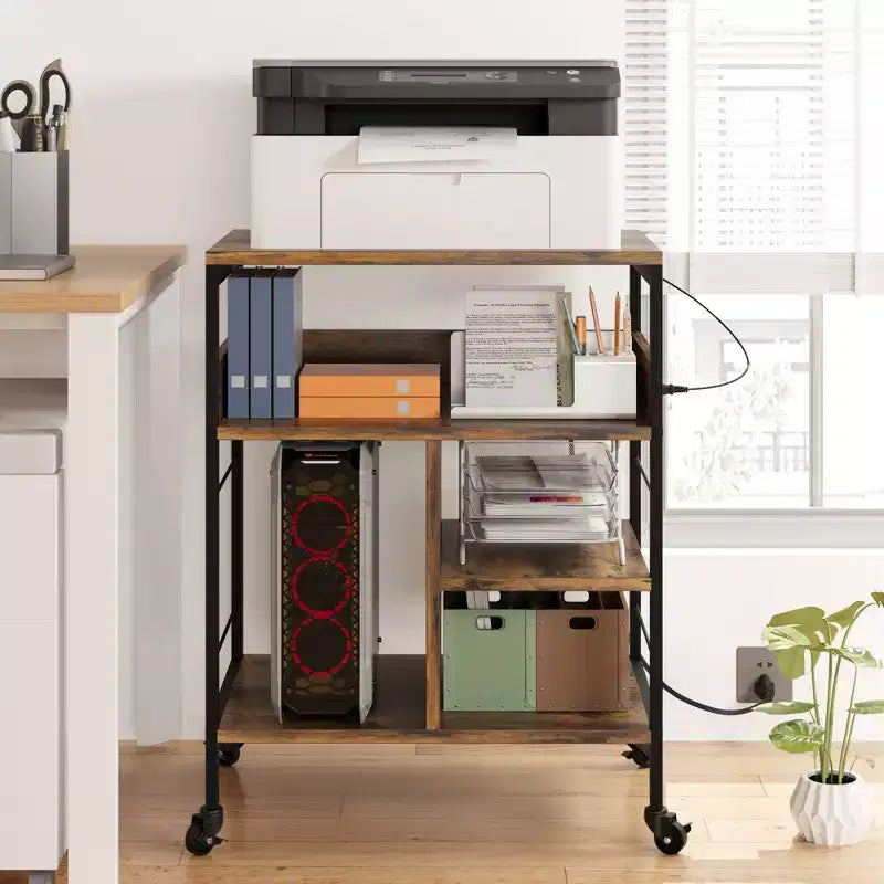 3-Tier Rolling Printer Stand with Storage & Charging Station, Mobile Printer Cart with 4 Outlets & 2 USB Ports, Multi-Level Organizer for Home Office