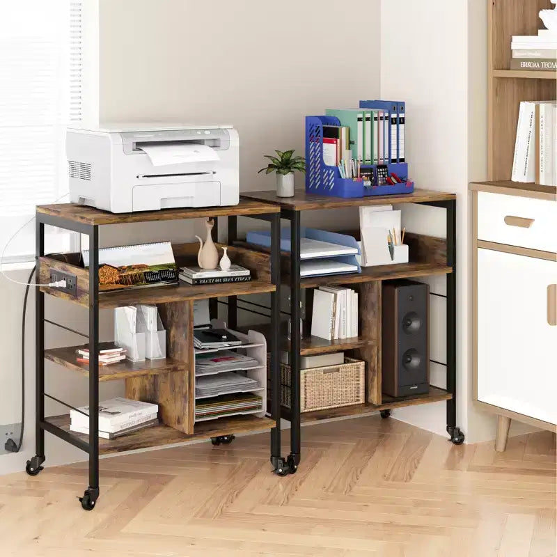3-Tier Rolling Printer Stand with Storage & Charging Station, Mobile Printer Cart with 4 Outlets & 2 USB Ports, Multi-Level Organizer for Home Office