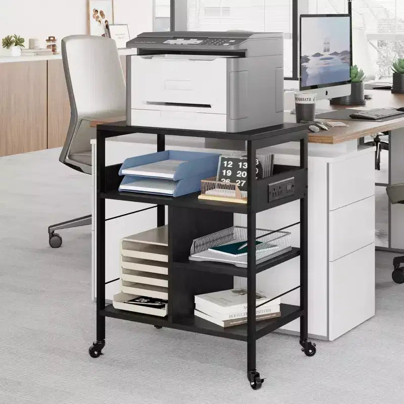 3-Tier Rolling Printer Stand with Storage & Charging Station, Mobile Printer Cart with 4 Outlets & 2 USB Ports, Multi-Level Organizer for Home Office