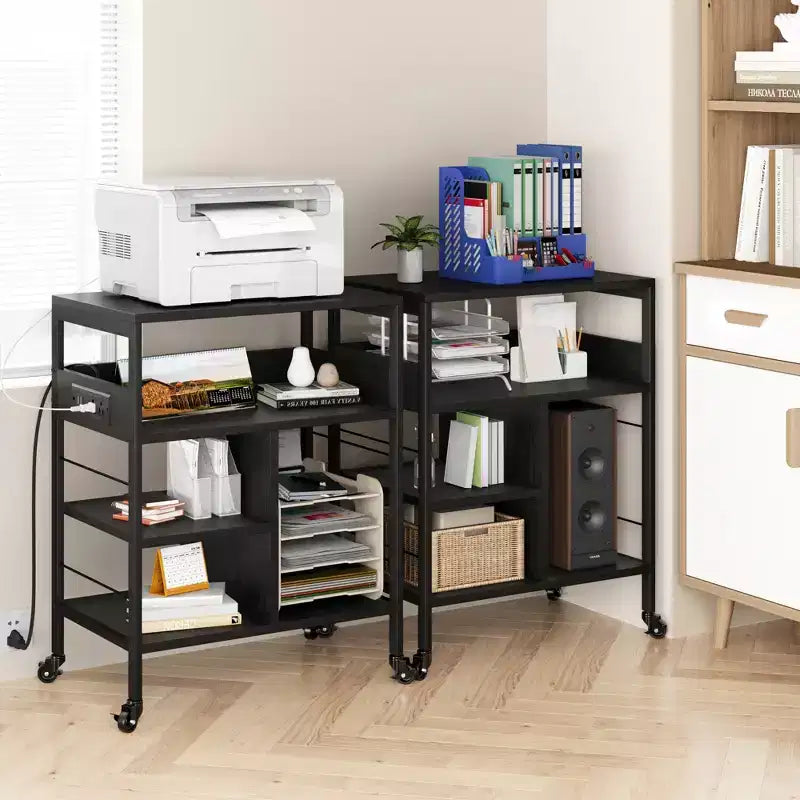 3-Tier Rolling Printer Stand with Storage & Charging Station, Mobile Printer Cart with 4 Outlets & 2 USB Ports, Multi-Level Organizer for Home Office