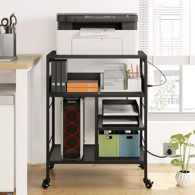 3-Tier Rolling Printer Stand with Storage & Charging Station, Mobile Printer Cart with 4 Outlets & 2 USB Ports, Multi-Level Organizer for Home Office