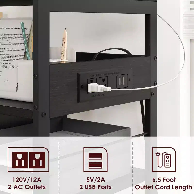 3-Tier Rolling Printer Stand with Storage & Charging Station, Mobile Printer Cart with 4 Outlets & 2 USB Ports, Multi-Level Organizer for Home Office