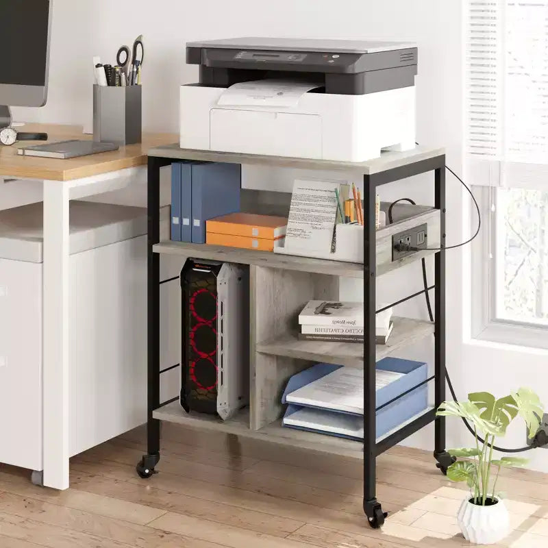 3-Tier Rolling Printer Stand with Storage & Charging Station, Mobile Printer Cart with 4 Outlets & 2 USB Ports, Multi-Level Organizer for Home Office
