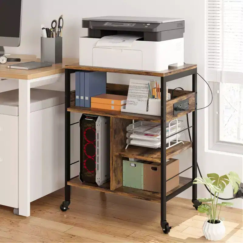 3-Tier Rolling Printer Stand with Storage & Charging Station, Mobile Printer Cart with 4 Outlets & 2 USB Ports, Multi-Level Organizer for Home Office