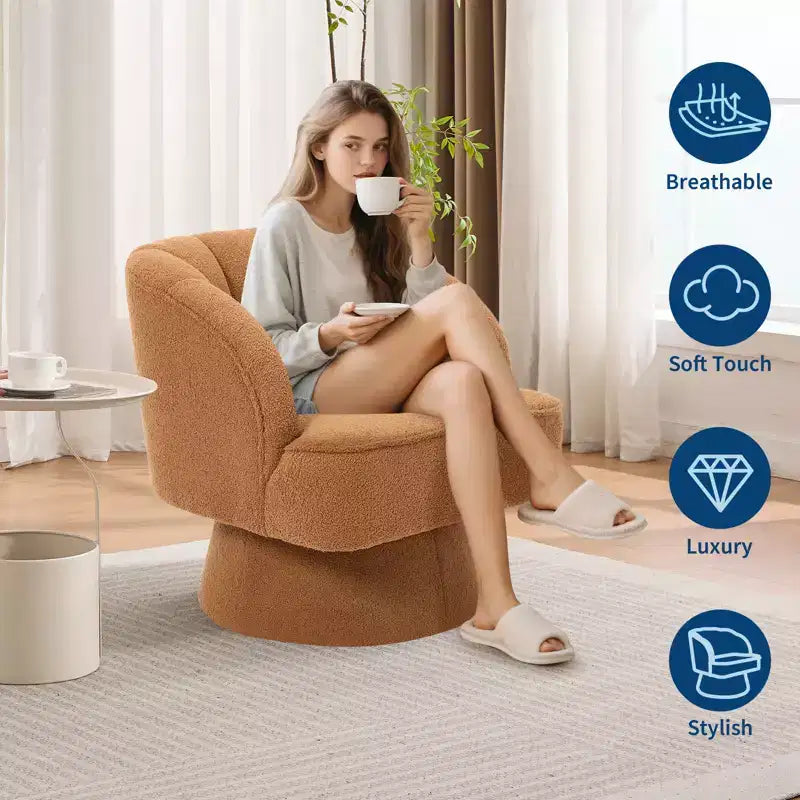Swivel barrel armchair, 360 degree velvet upholstered armchair with striped backrest, ergonomic design, suitable for living room bedroom backyard etc