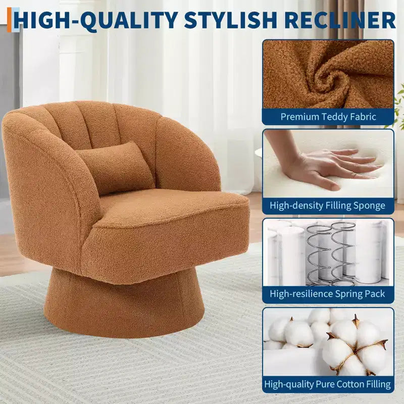 Swivel barrel armchair, 360 degree velvet upholstered armchair with striped backrest, ergonomic design, suitable for living room bedroom backyard etc