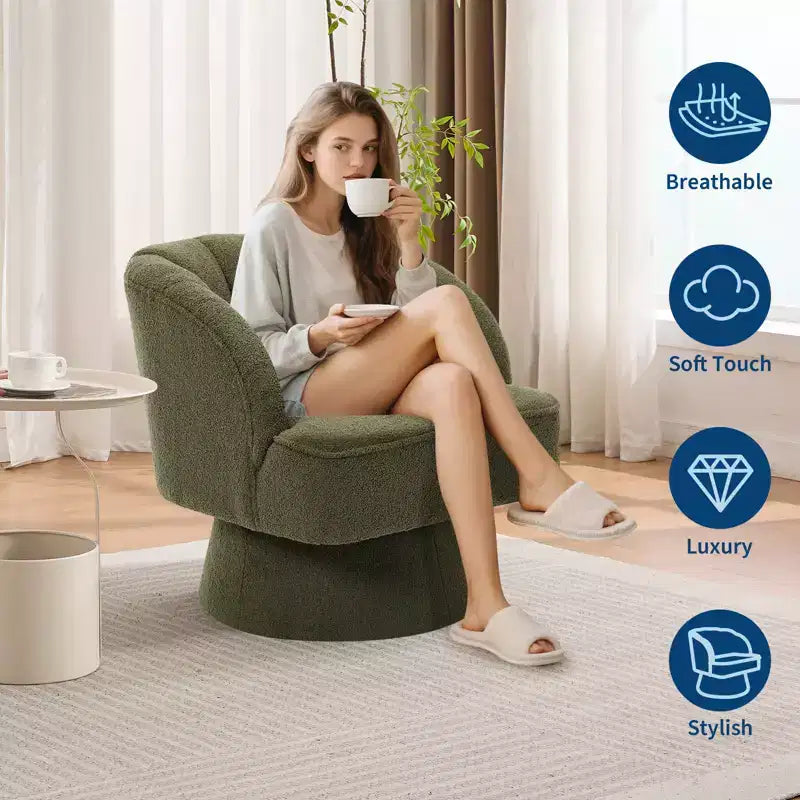 Swivel barrel armchair, 360 degree velvet upholstered armchair with striped backrest, ergonomic design, suitable for living room bedroom backyard etc