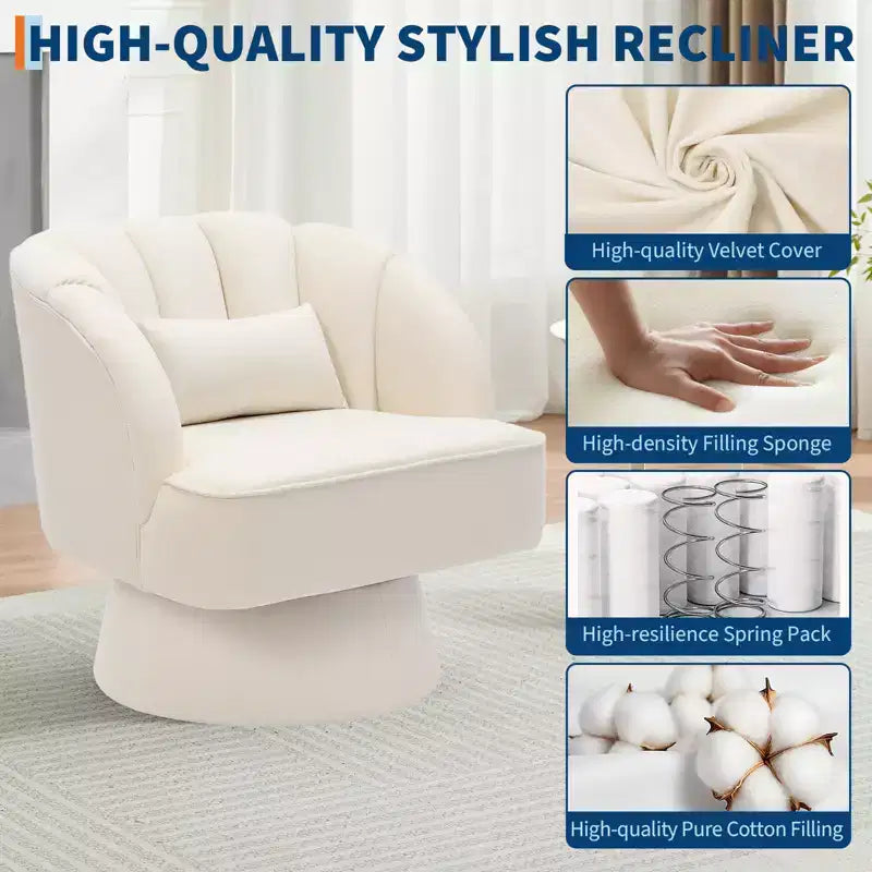 Swivel barrel armchair, 360 degree velvet upholstered armchair with striped backrest, ergonomic design, suitable for living room bedroom backyard etc