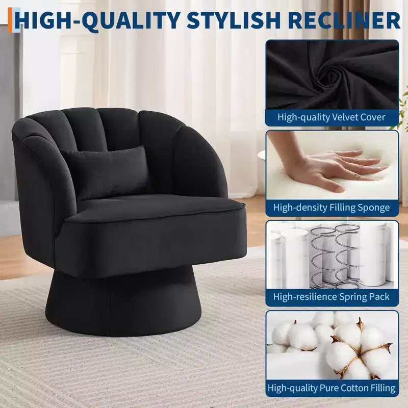 Swivel barrel armchair, 360 degree velvet upholstered armchair with striped backrest, ergonomic design, suitable for living room bedroom backyard etc
