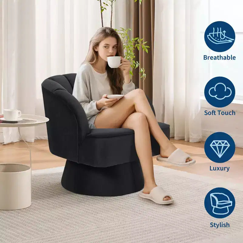 Swivel barrel armchair, 360 degree velvet upholstered armchair with striped backrest, ergonomic design, suitable for living room bedroom backyard etc