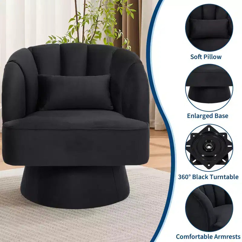 Swivel barrel armchair, 360 degree velvet upholstered armchair with striped backrest, ergonomic design, suitable for living room bedroom backyard etc