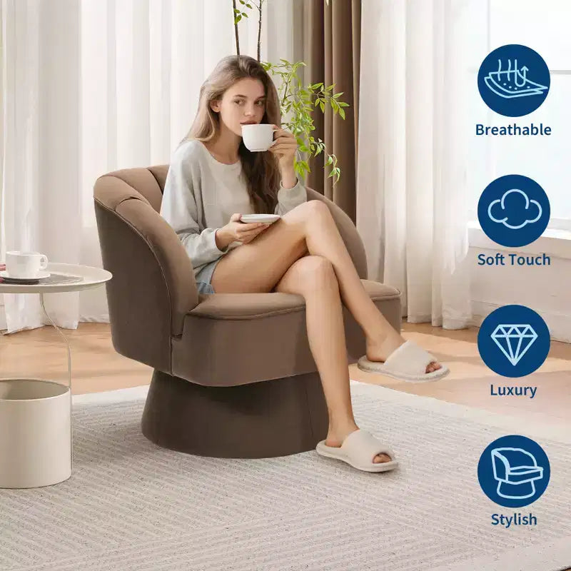 Swivel barrel armchair, 360 degree velvet upholstered armchair with striped backrest, ergonomic design, suitable for living room bedroom backyard etc