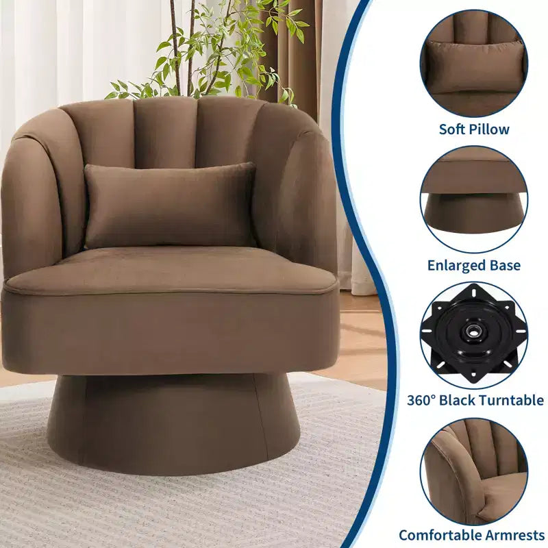 Swivel barrel armchair, 360 degree velvet upholstered armchair with striped backrest, ergonomic design, suitable for living room bedroom backyard etc