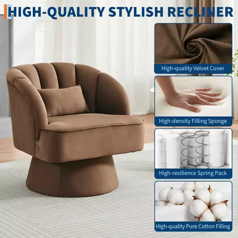 Swivel barrel armchair, 360 degree velvet upholstered armchair with striped backrest, ergonomic design, suitable for living room bedroom backyard etc