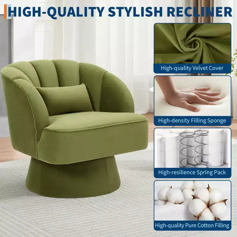 Swivel barrel armchair, 360 degree velvet upholstered armchair with striped backrest, ergonomic design, suitable for living room bedroom backyard etc