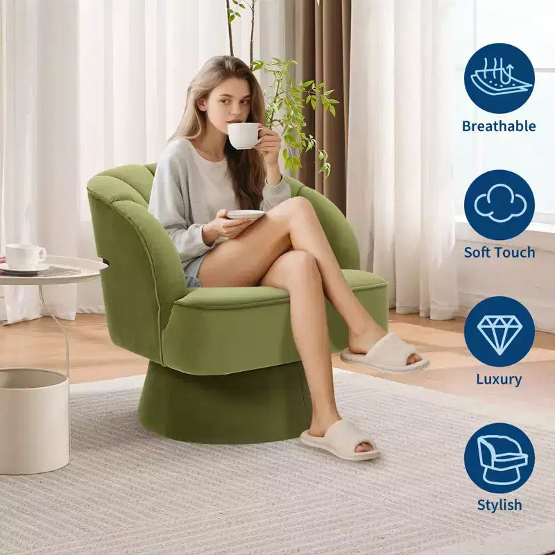 Swivel barrel armchair, 360 degree velvet upholstered armchair with striped backrest, ergonomic design, suitable for living room bedroom backyard etc