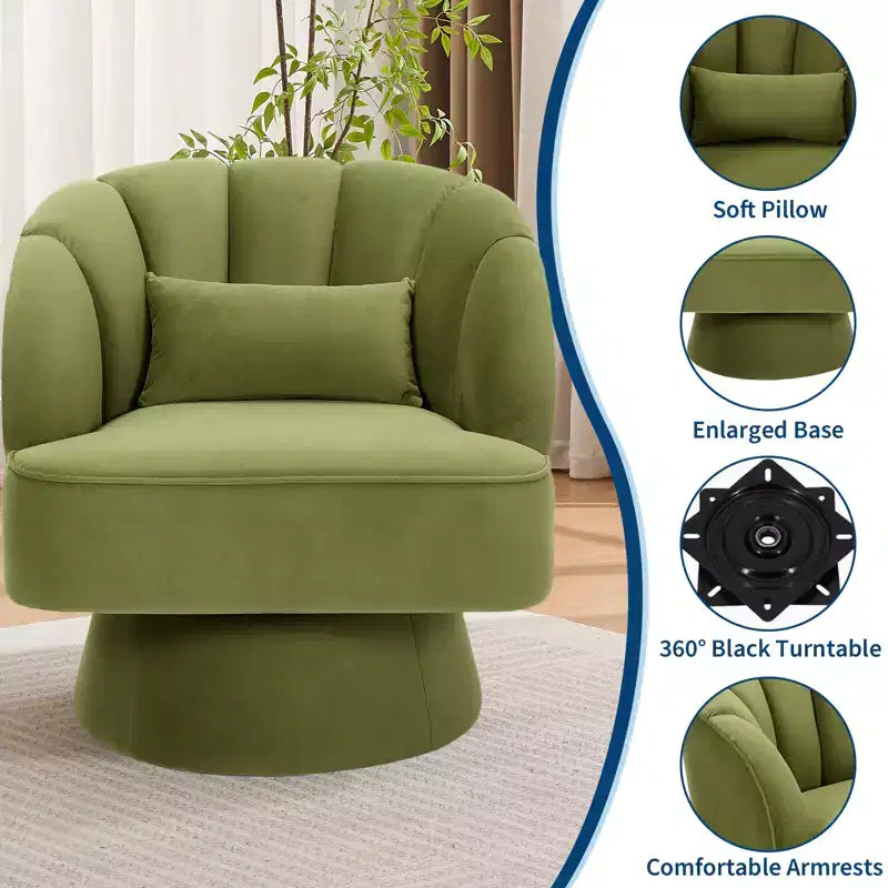 Swivel barrel armchair, 360 degree velvet upholstered armchair with striped backrest, ergonomic design, suitable for living room bedroom backyard etc