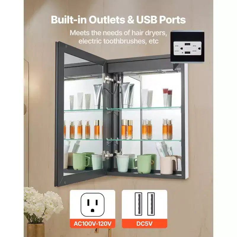 VEVOR Lighted Medicine Cabinet with Mirror, 20 x 28 in Recessed or Wall Mount, 3 Color Dimmable LED Bathroom Medicine Cabinet, Black