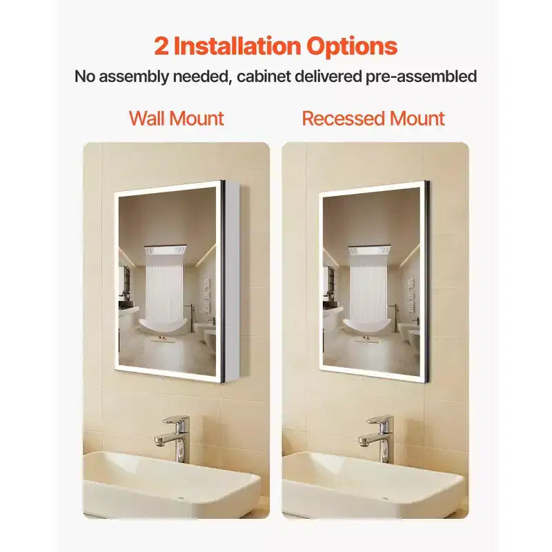 VEVOR Lighted Medicine Cabinet with Mirror, 20 x 28 in Recessed or Wall Mount, 3 Color Dimmable LED Bathroom Medicine Cabinet, Black