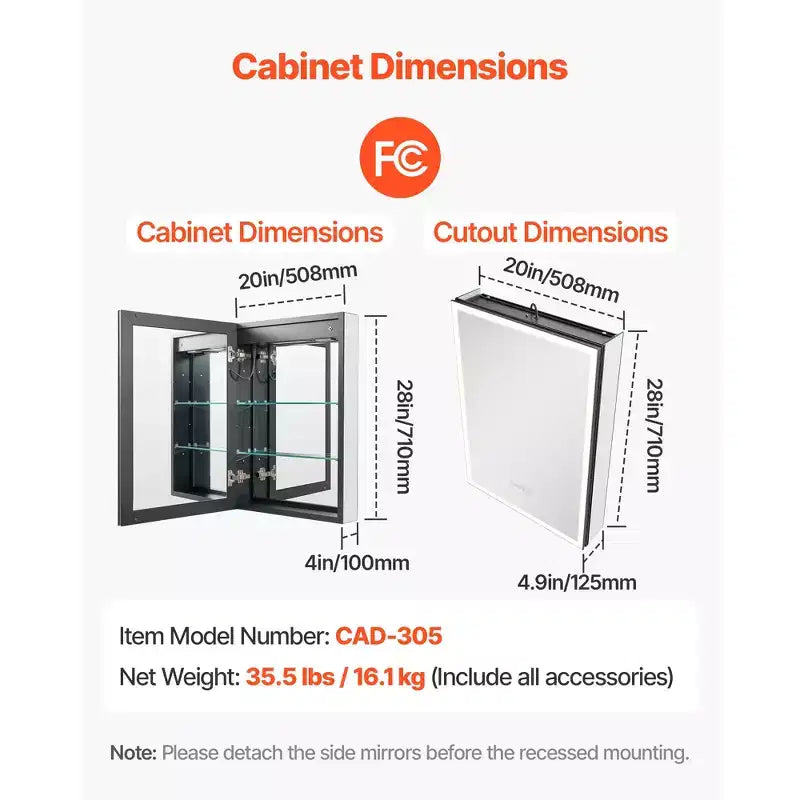 VEVOR Lighted Medicine Cabinet with Mirror, 20 x 28 in Recessed or Wall Mount, 3 Color Dimmable LED Bathroom Medicine Cabinet, Black