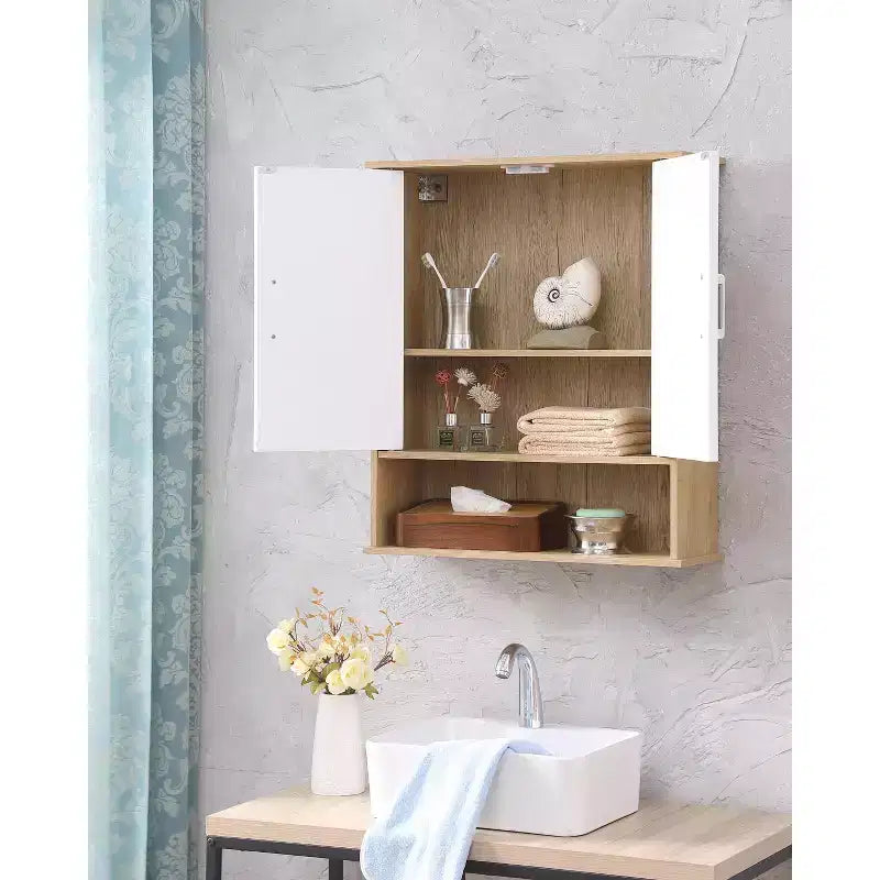 Fluted Bathroom Wall Cabinet with 2 Door & Adjustable Shelf Modern Medicine Cabinet 3-Tier Kitchen Wall Cabinets Wall Storage Cabinet Over The Toilet