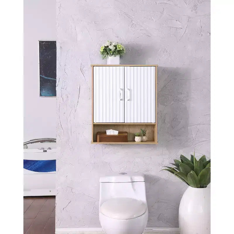 Fluted Bathroom Wall Cabinet with 2 Door & Adjustable Shelf Modern Medicine Cabinet 3-Tier Kitchen Wall Cabinets Wall Storage Cabinet Over The Toilet