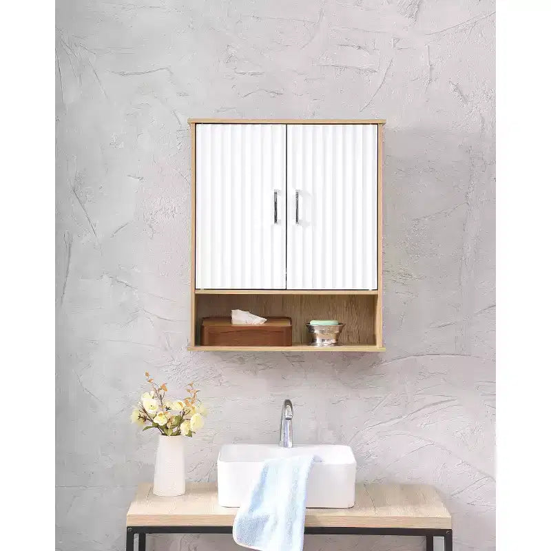 Fluted Bathroom Wall Cabinet with 2 Door & Adjustable Shelf Modern Medicine Cabinet 3-Tier Kitchen Wall Cabinets Wall Storage Cabinet Over The Toilet