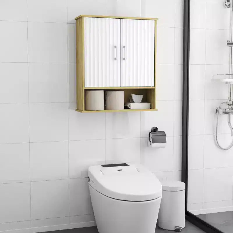 Fluted Bathroom Wall Cabinet with 2 Door & Adjustable Shelf Modern Medicine Cabinet 3-Tier Kitchen Wall Cabinets Wall Storage Cabinet Over The Toilet