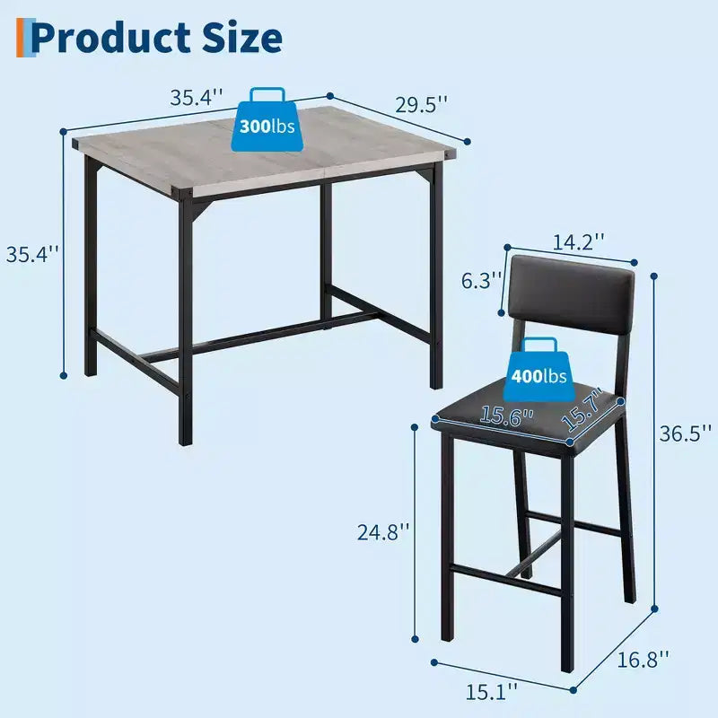COZONY Counter Height Dining Table Set for 2 with 2 Upholstered Stools, Footrest & Backrest for Small Spaces
