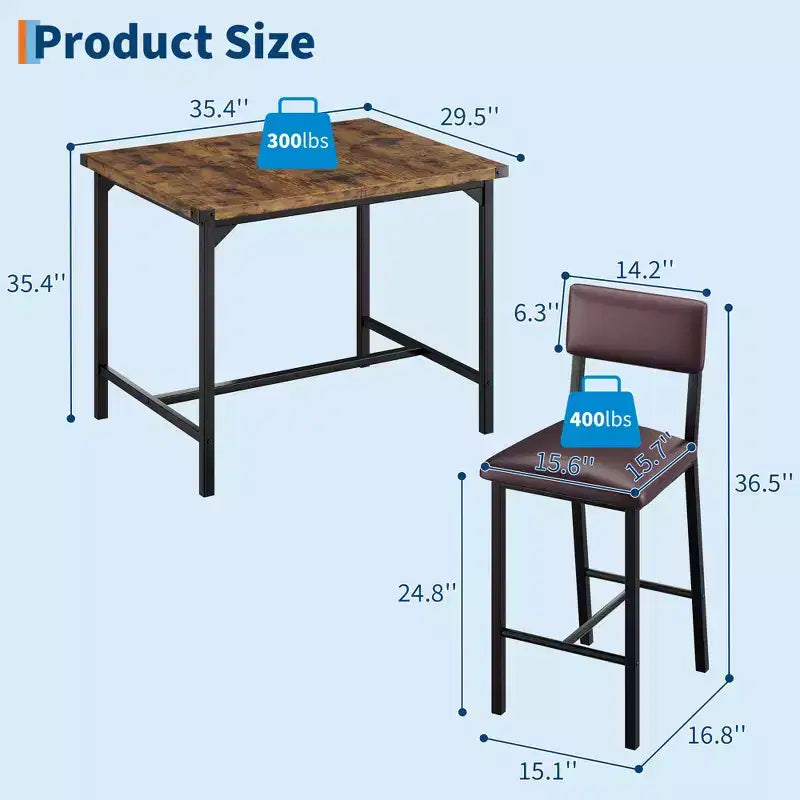 COZONY Counter Height Dining Table Set for 2 with 2 Upholstered Stools, Footrest & Backrest for Small Spaces