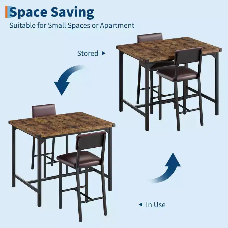COZONY Counter Height Dining Table Set for 2 with 2 Upholstered Stools, Footrest & Backrest for Small Spaces