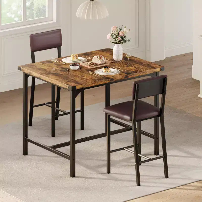 COZONY Counter Height Dining Table Set for 2 with 2 Upholstered Stools, Footrest & Backrest for Small Spaces