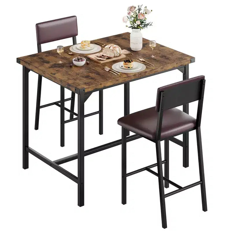 COZONY Counter Height Dining Table Set for 2 with 2 Upholstered Stools, Footrest & Backrest for Small Spaces
