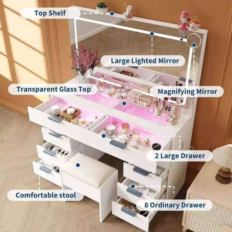 Vanity Desk with Large Mirror and Lights, Makeup Vanity Desk Table Set with Glass Top,Power Outlet, Stool, Dressing Table for Bedroom