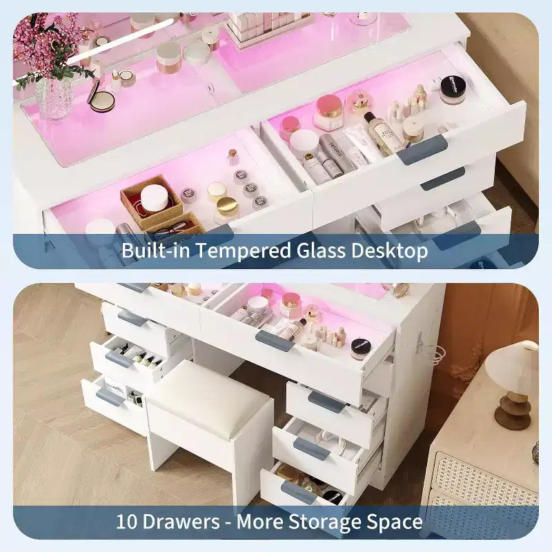 Vanity Desk with Large Mirror and Lights, Makeup Vanity Desk Table Set with Glass Top,Power Outlet, Stool, Dressing Table for Bedroom