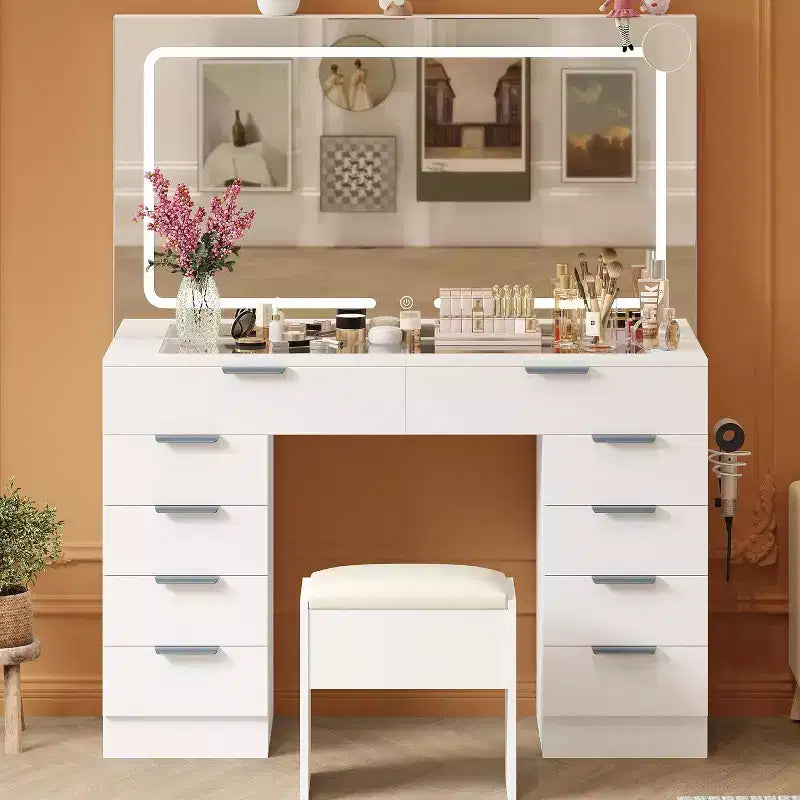 Vanity Desk with Large Mirror and Lights, Makeup Vanity Desk Table Set with Glass Top,Power Outlet, Stool, Dressing Table for Bedroom
