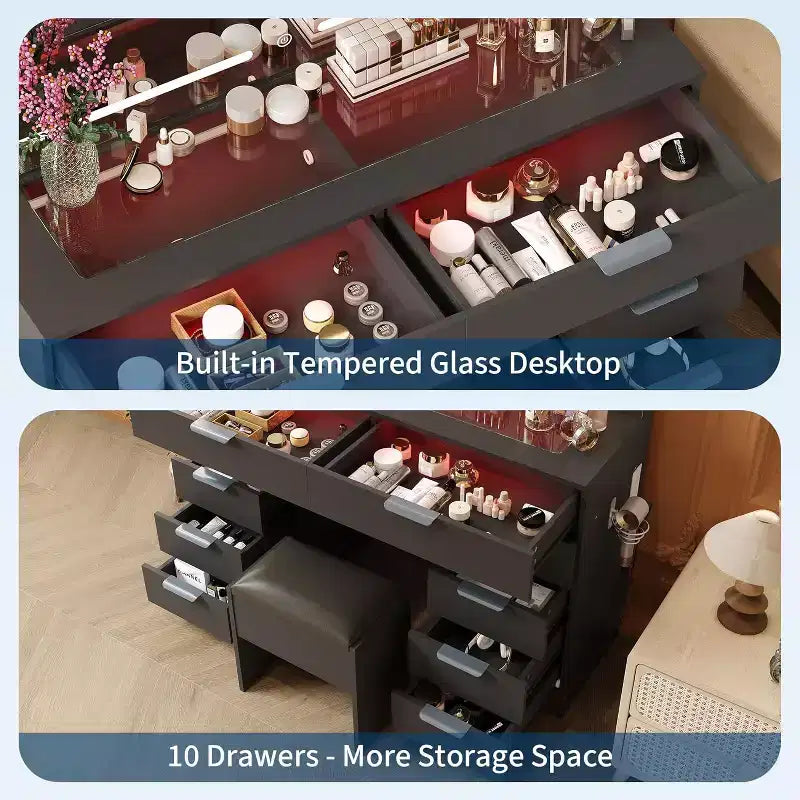 Vanity Desk with Large Mirror and Lights, Makeup Vanity Desk Table Set with Glass Top,Power Outlet, Stool, Dressing Table for Bedroom
