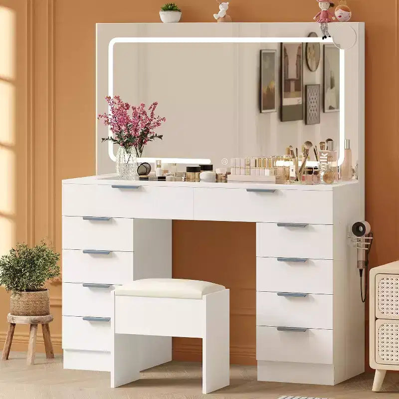 Vanity Desk with Large Mirror and Lights, Makeup Vanity Desk Table Set with Glass Top,Power Outlet, Stool, Dressing Table for Bedroom