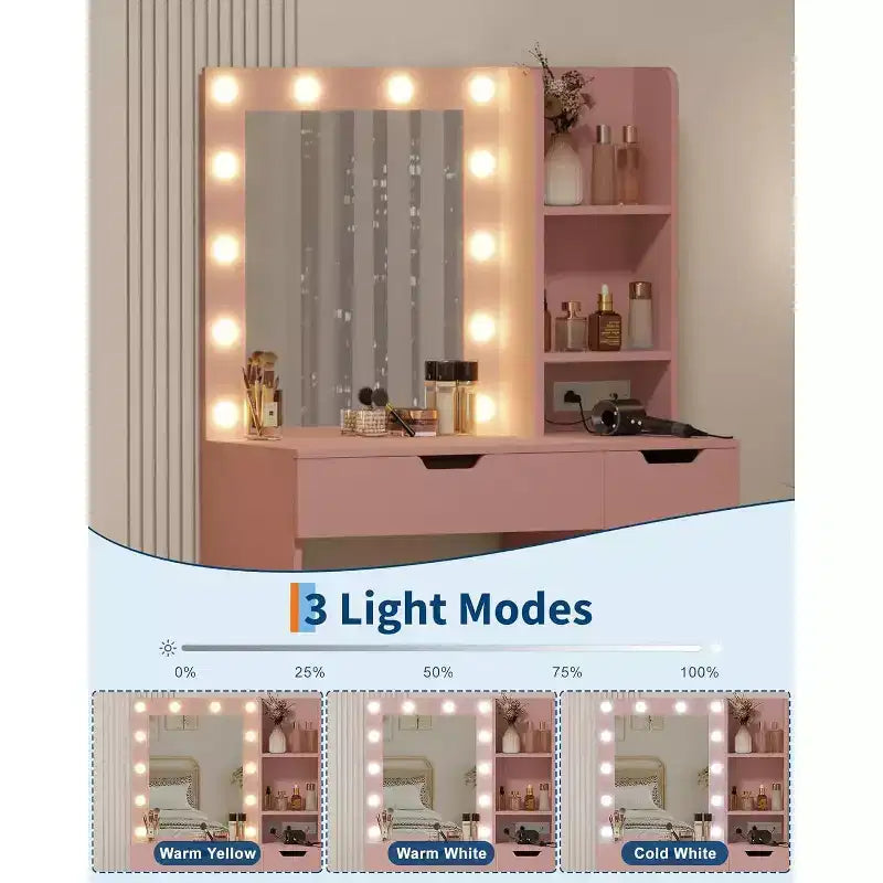 Vanity Desk with Mirror and Lights - Makeup Vanity Desk with 4 Drawers, Built-in Power Outlet, Adjustable LED Lighting, for Bedroom