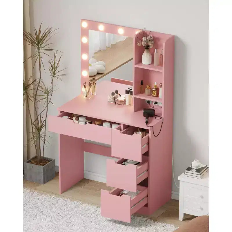 Vanity Desk with Mirror and Lights - Makeup Vanity Desk with 4 Drawers, Built-in Power Outlet, Adjustable LED Lighting, for Bedroom
