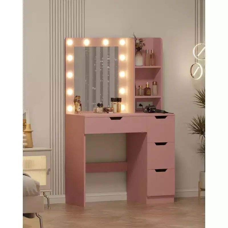 Vanity Desk with Mirror and Lights - Makeup Vanity Desk with 4 Drawers, Built-in Power Outlet, Adjustable LED Lighting, for Bedroom