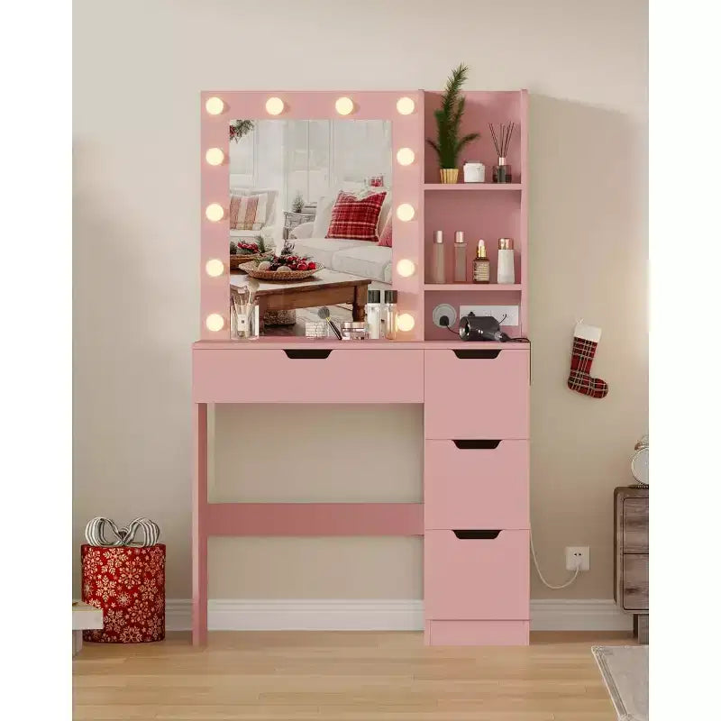Vanity Desk with Mirror and Lights - Makeup Vanity Desk with 4 Drawers, Built-in Power Outlet, Adjustable LED Lighting, for Bedroom