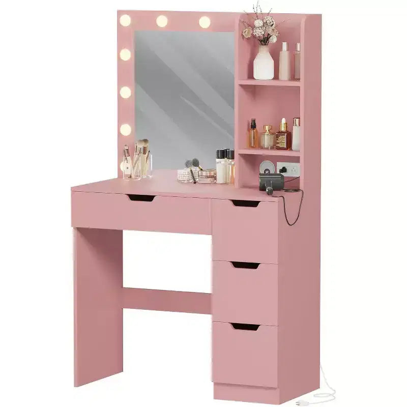 Vanity Desk with Mirror and Lights - Makeup Vanity Desk with 4 Drawers, Built-in Power Outlet, Adjustable LED Lighting, for Bedroom