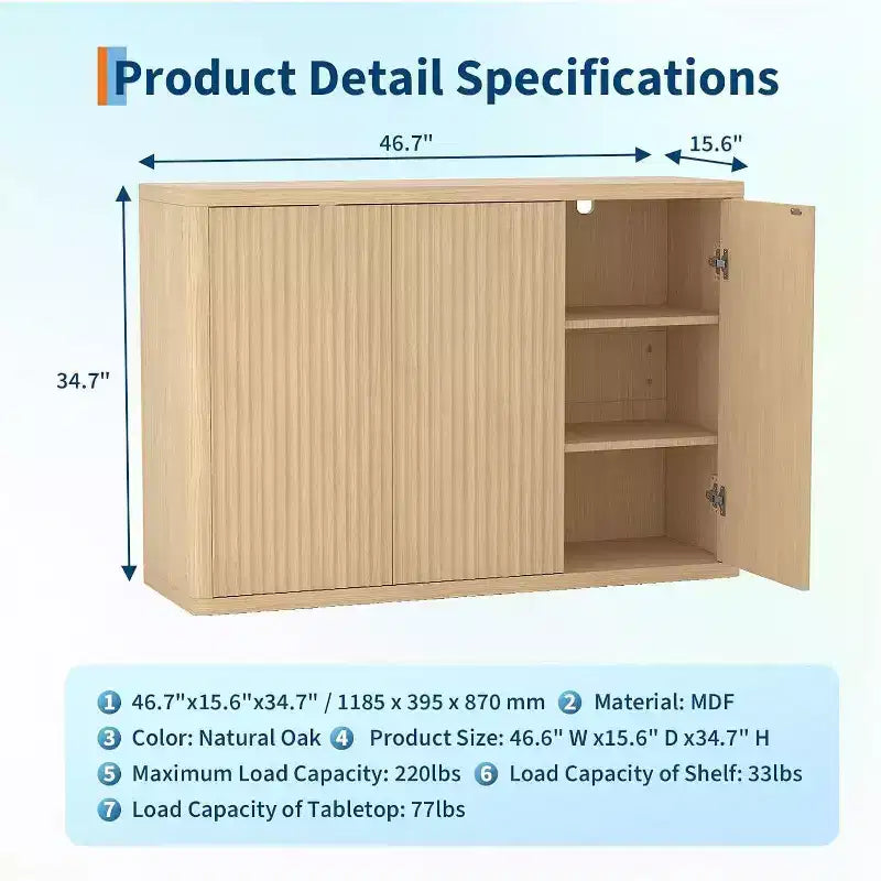46.7 Wood Buffet Sideboard Cabinet with Storage, Modern Fluted Accent Credenza with Adjustable Shelves and 3 Doors, Coffee Bar for Home Natural